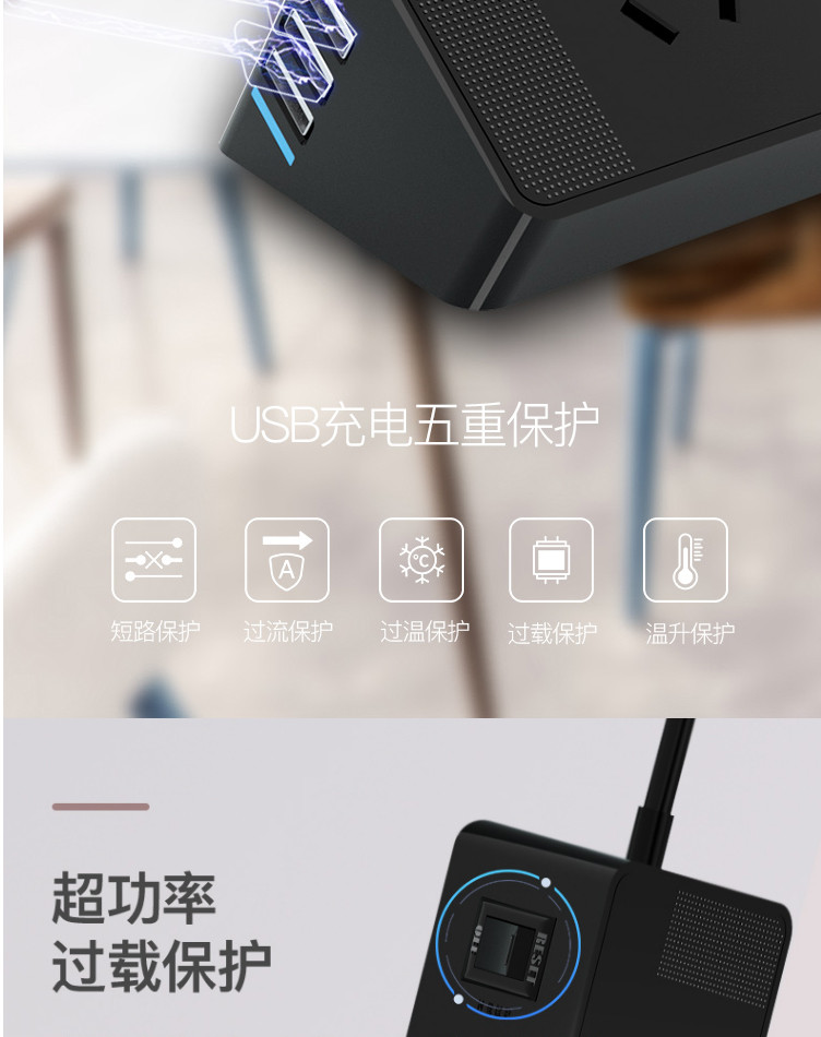 飞利浦/PHILIPS 魔方USB智能防过载插座3USB+4孔位1.8米插线板SPS2412G/93