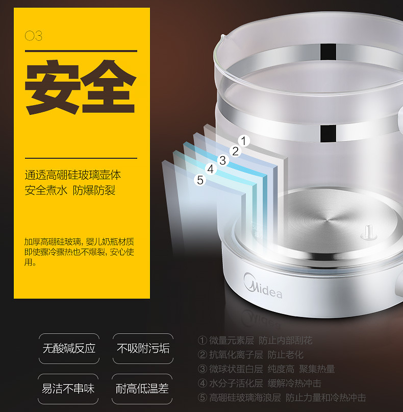 美的/MIDEA 养生壶电烧水壶煮茶器1.5L玻璃 WGE1701b