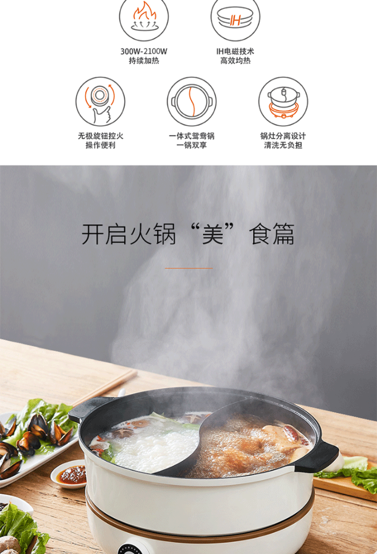 九阳/Joyoung 电火锅鸳鸯锅可分离多用途锅炖煮煎炸蒸电热家用多功能C21-HG3白色