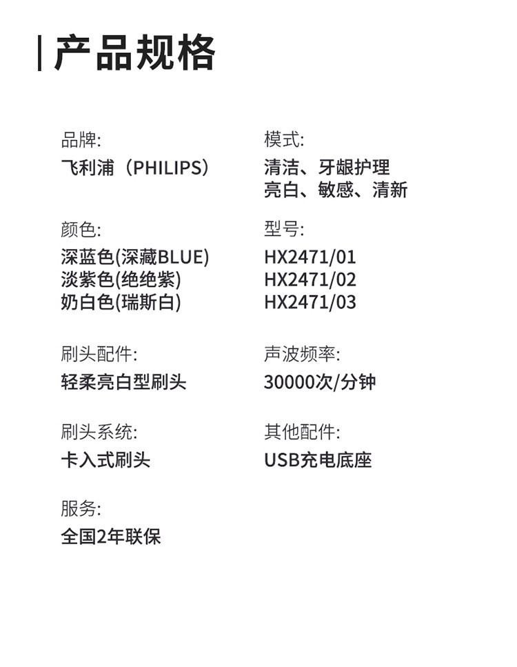 飞利浦/PHILIPS 飞利浦/PHILIPS 电动牙刷 5种模式 全新软毛柔和亮白刷 深藏BLUE HX2471/01