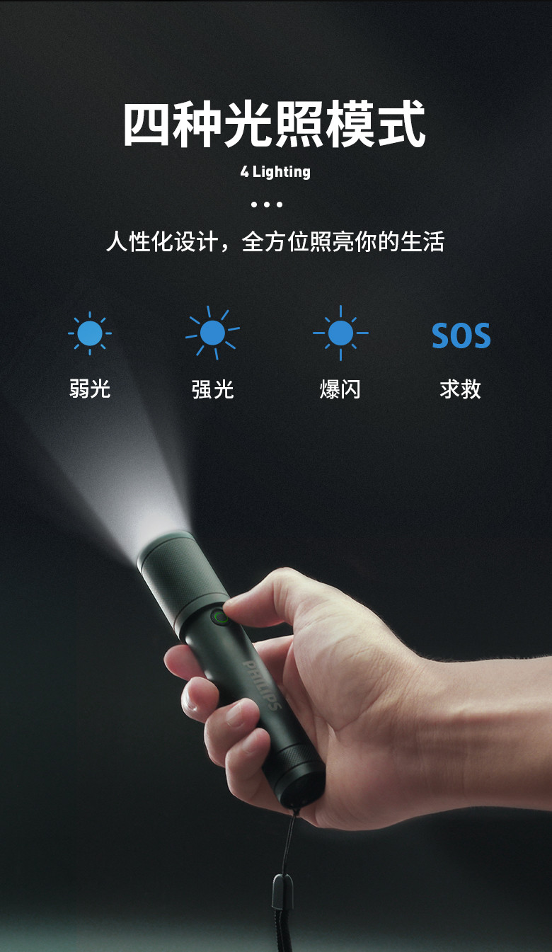 飞利浦/PHILIPS 手电筒强光手电Type-C充电家用便携小型户外应急灯