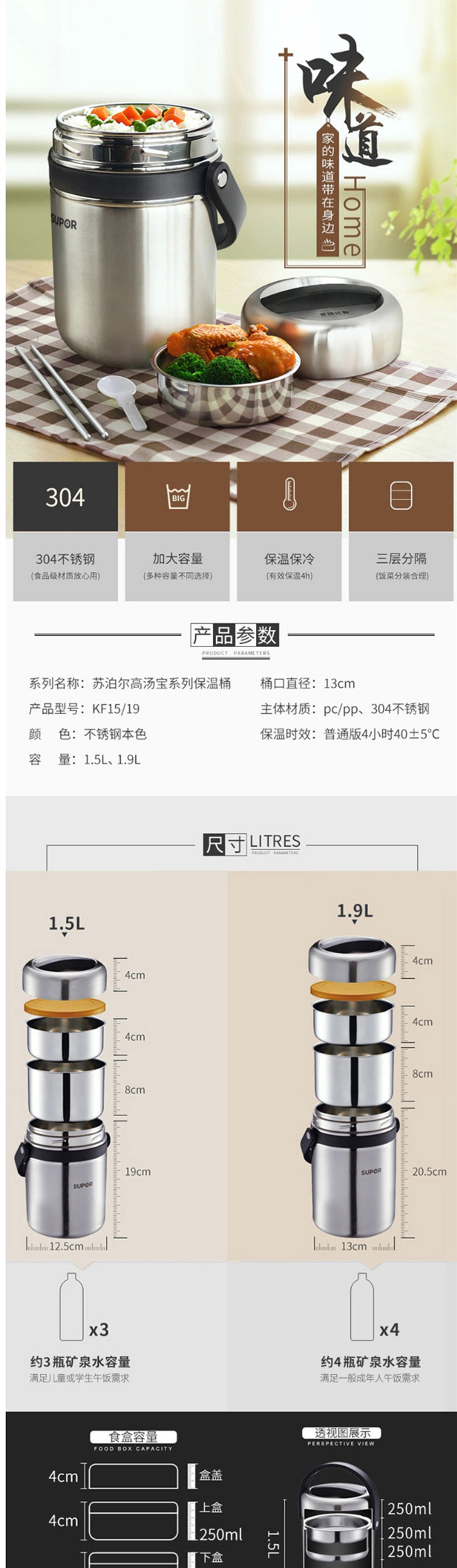  苏泊尔/SUPOR 304不锈钢大容量保温饭盒 1.5L黑色 KF15A1