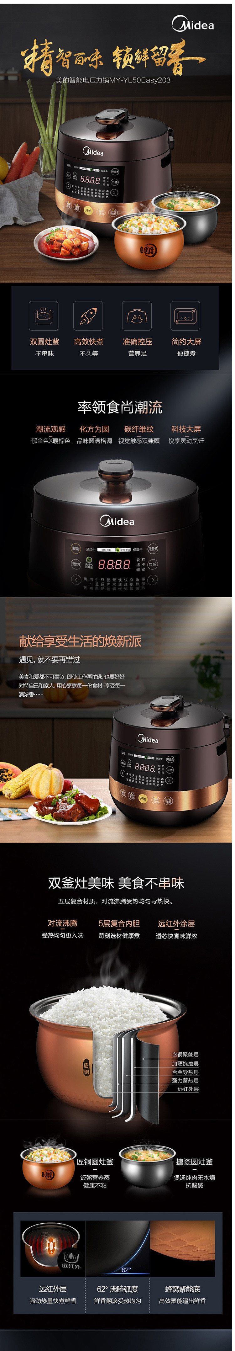 美的/MIDEA   电压力锅4.8升大容量智能高压锅YL50Easy203