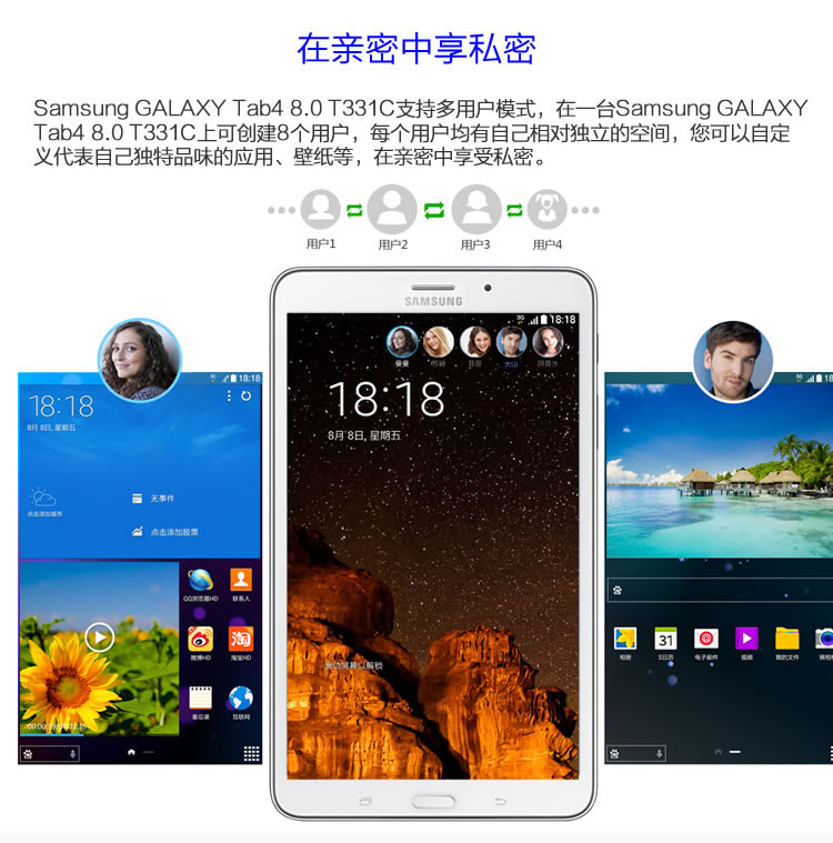 三星（SAMSUNG）GALAXY Tab4 T331C 8英寸 四核 电信3G 联通3G 移动2G