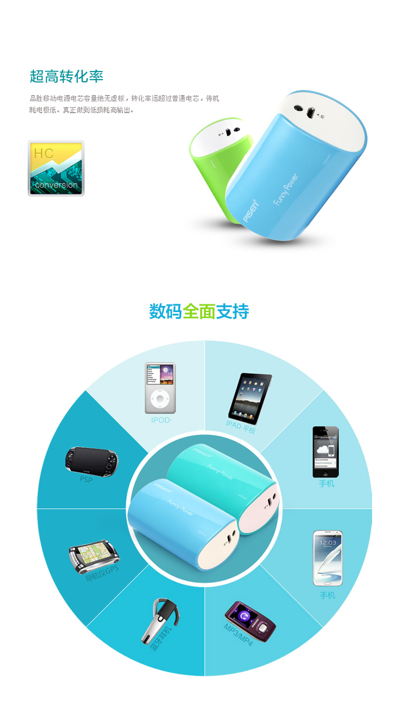 品胜 移动电源  彩豆二代5000mAh(蓝绿色)