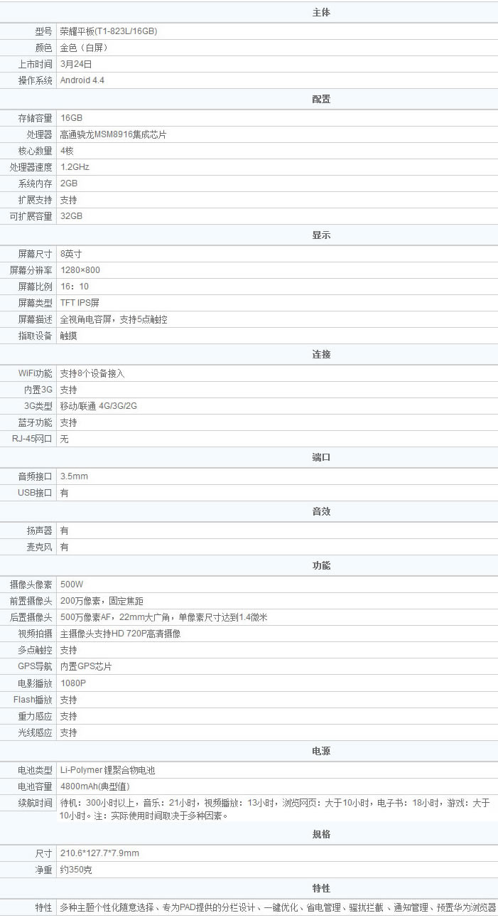 Huawei华为 T1-823L 4G 16GB 2GB运行联通移动双4G荣耀平板电脑