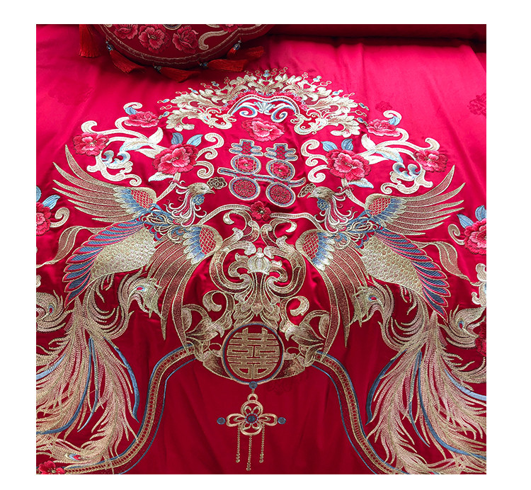 际华家纺 婚庆六件套 80支红色 结婚床上用品 全棉被套结婚套件（双凤贺喜）