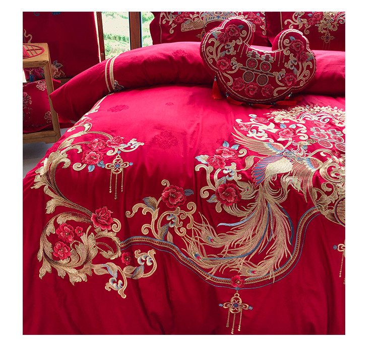 际华家纺 婚庆六件套 80支红色 结婚床上用品 全棉被套结婚套件（双凤贺喜）