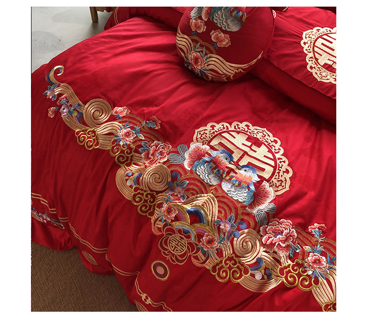 际华家纺 婚庆款六件套 80支纯棉 红色床单喜被床上用品结婚（鸳鸯戏水）