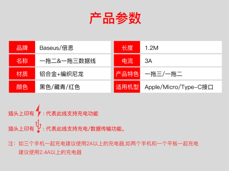 倍思 简捷手机数据线二合一一拖三数据线 CAMLT -SU01