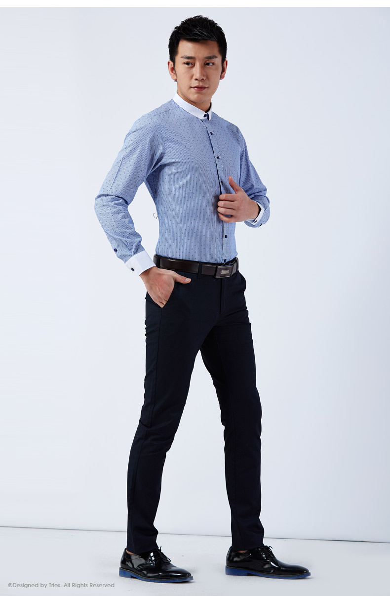才子男装2016春季新款男士纯棉撞色长袖衬衫韩版修身透气潮流衬衣