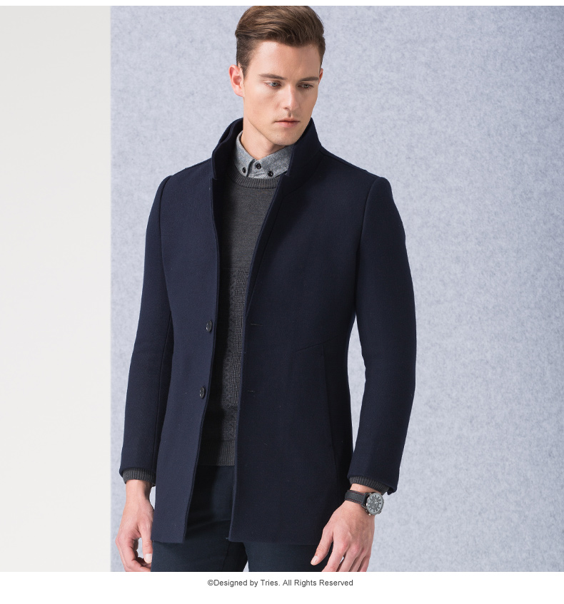 TRiES/才子男装秋冬保暖外套立领修身羊毛呢深蓝灰色男士大衣便西