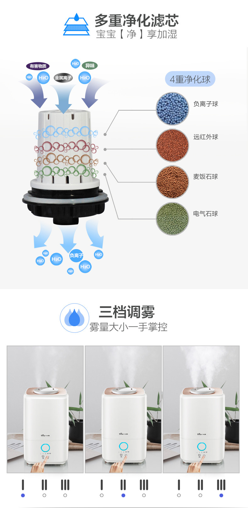 小熊JSQ-F40C1空气加湿器家用静音卧室孕妇婴儿杀菌纯净型净化器办公大容量