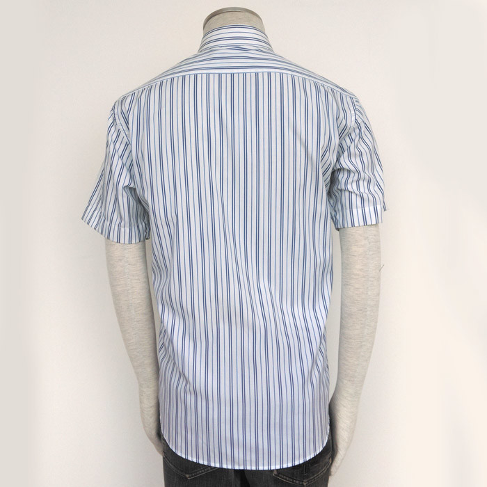 新款许世达男士纯棉商务衬衣正品男式短袖白底蓝条衬衫