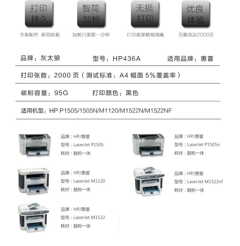 灰太狼 惠普HP436A一体式硒鼓打印机CB436A P1505 M1120 M1522N