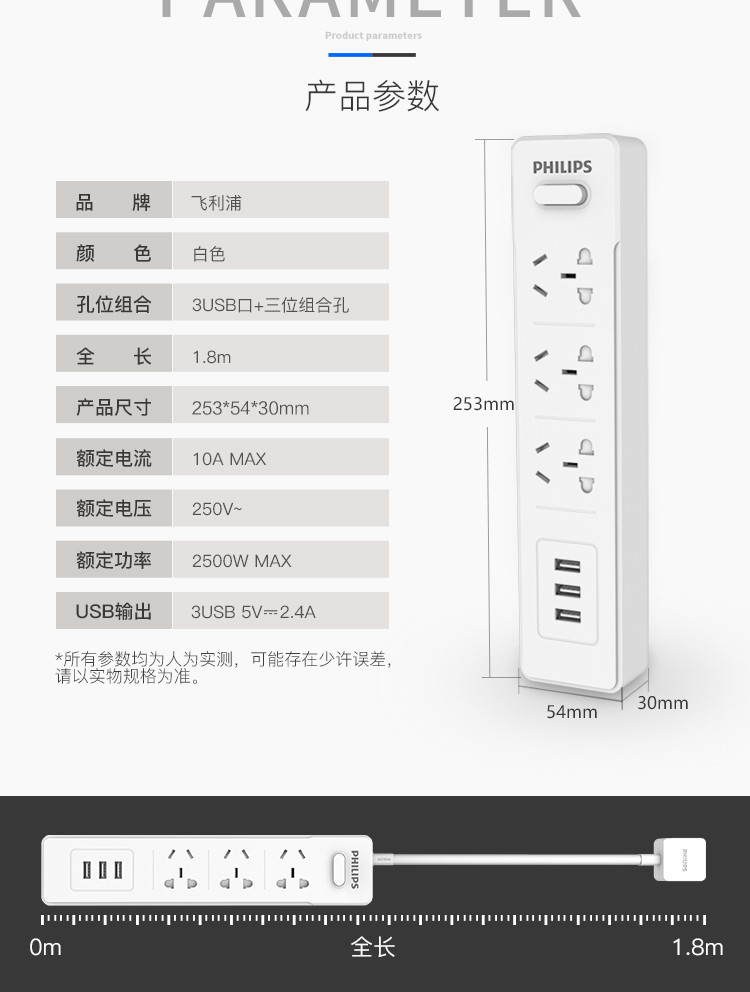 飞利浦（PHILIPS）新国标智能3USB 2.4A+3位1.8米插座 儿童保护门 插排插线板/拖