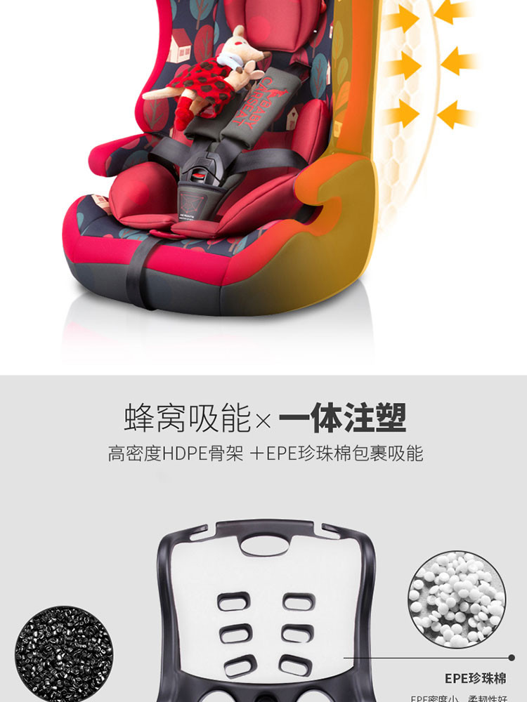 【京东超市】贝贝卡西 国家3C认证 可折叠存放 儿童汽车安全座椅 LB513 红色 9个月-12岁