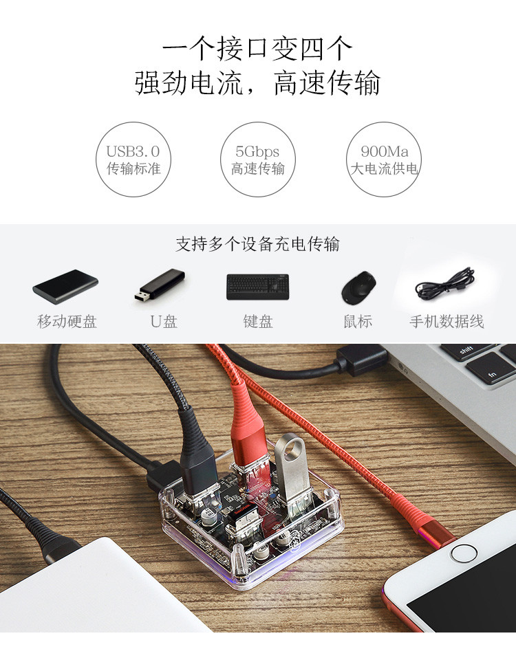 京造 USB3.0透明分线器 4口HUB多接口扩展转换器 笔记本电脑一拖四集线器延长线带电源接口