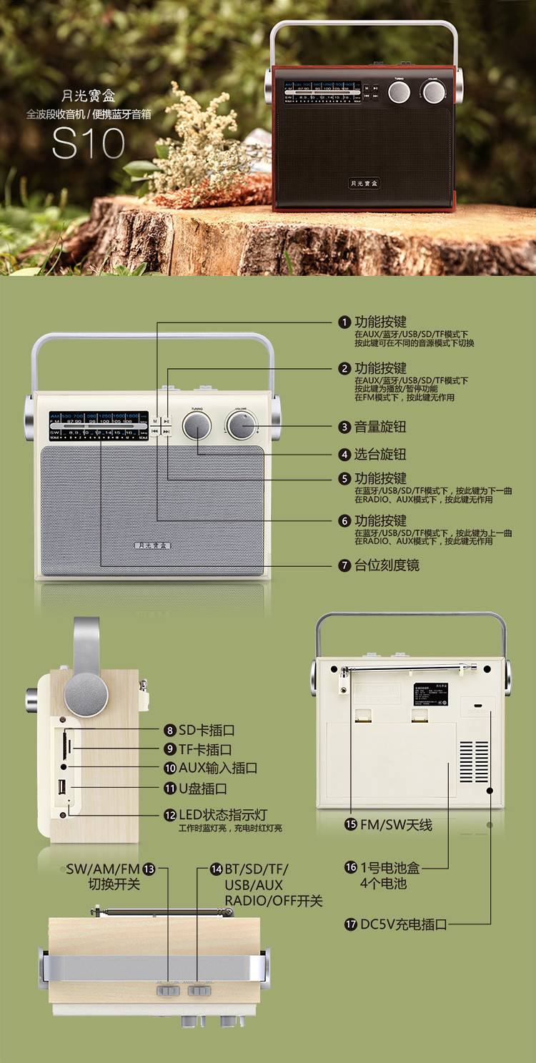 月光宝盒 S10 黑色 全波段插卡收音机播放器蓝牙音箱老人便携式（不支持邮乐卡支付）