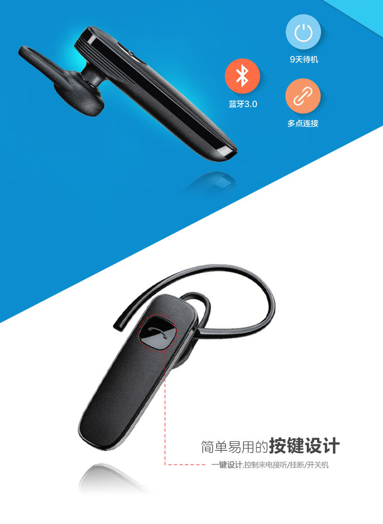 缤特力（Plantronics）ML15 商务单耳蓝牙耳机 通用型 耳挂式 黑色（不支持邮乐卡支付）