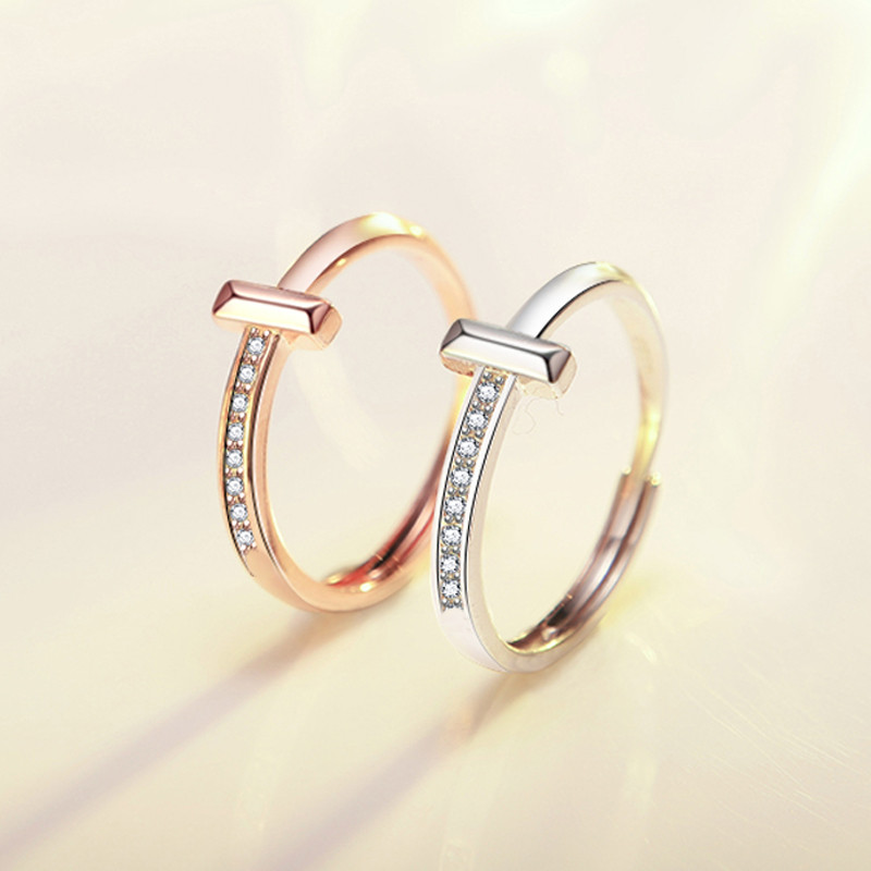ARMASA/阿玛莎925银时尚简约十字特色锆石不对称T字母女戒指开口可调节指环