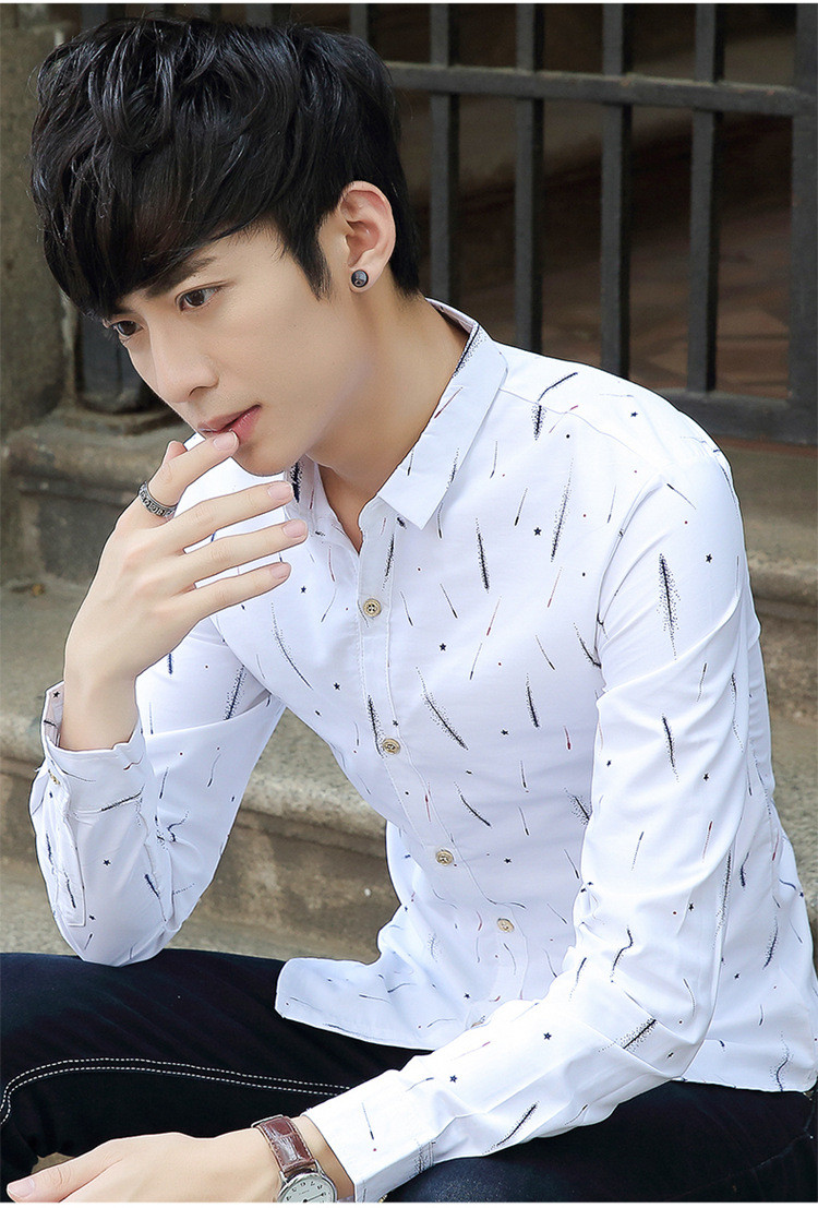 秋季男士长袖衬衫修身韩版印花白衬衫男休闲衬衣男装衣服潮流