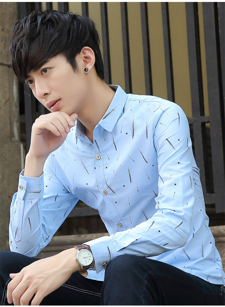 秋季男士长袖衬衫修身韩版印花白衬衫男休闲衬衣