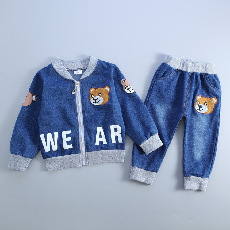 春季新款婴幼儿童套装 韩版绣花熊头水洗牛仔棒球服