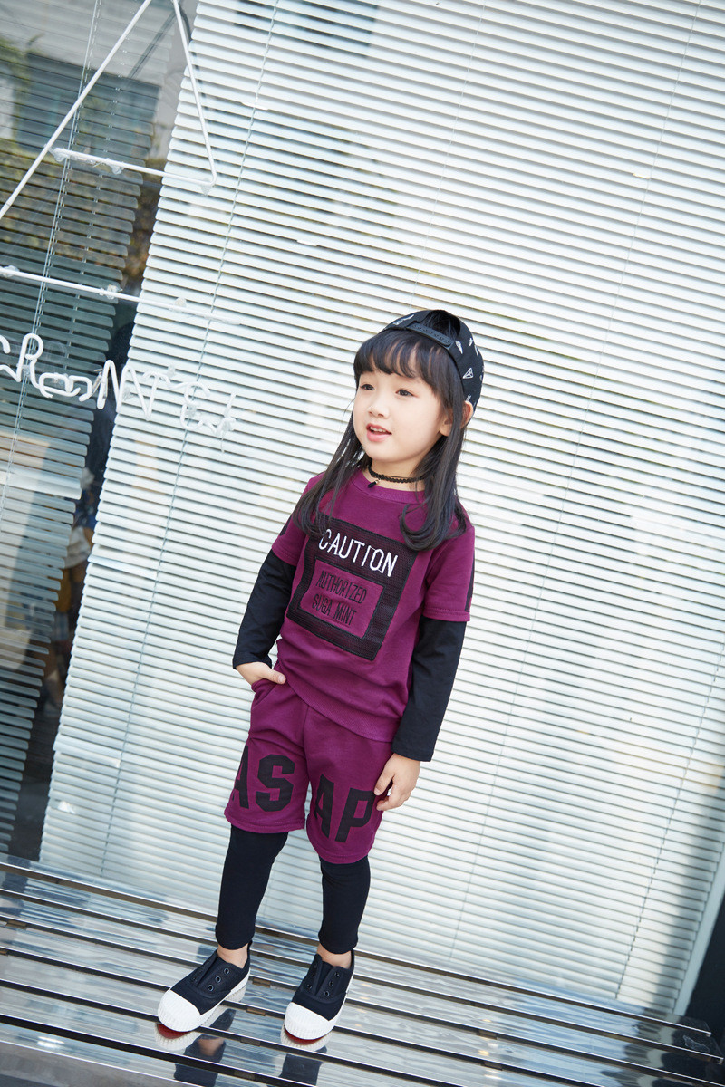 韩版女童假两件套装 秋潮儿童休闲字母两件套