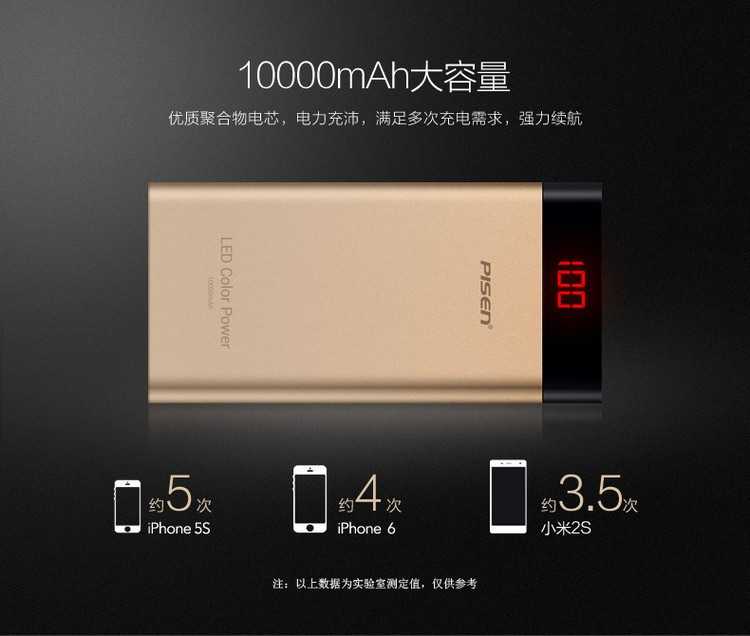 品胜/PISEN 10000mAh 香槟金 LED薄彩 移动电源 充电宝