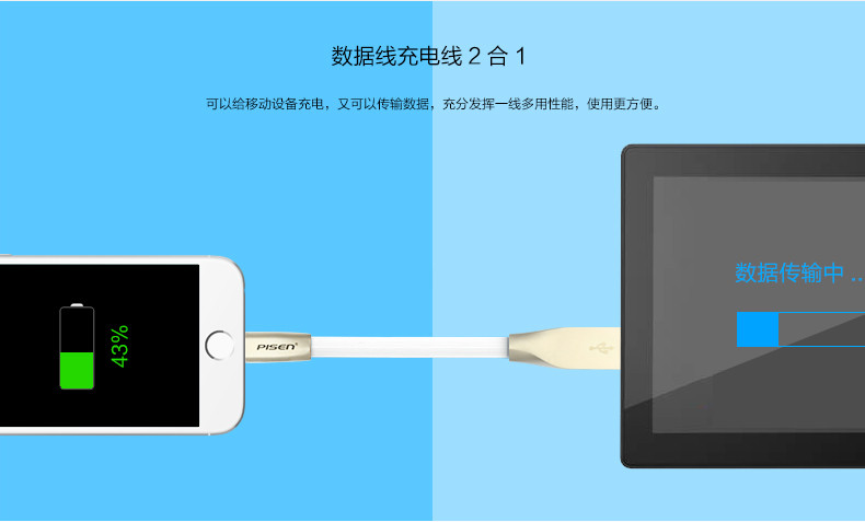 邮乐萍乡馆 品胜/PISEN 1m 白色 苹果iPhone5s/6/6s/7  锌合金 充电数据线