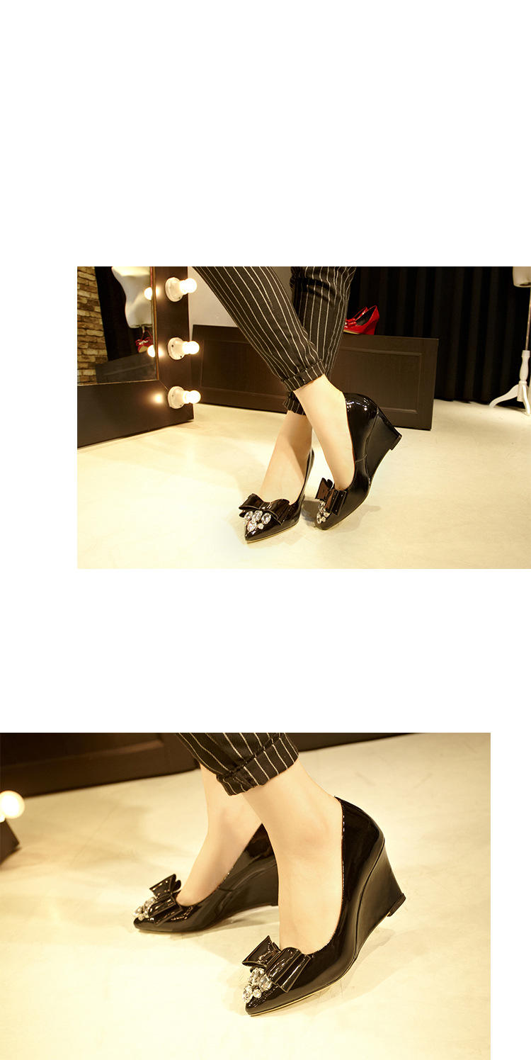 2016韩版新款蝴蝶结尖头纯色高跟鞋浅口坡跟单鞋潮流时尚女鞋