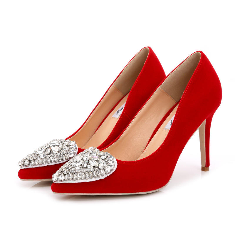 2016红色婚鞋水钻平底单鞋婚纱水晶浅口高跟鞋大码女鞋