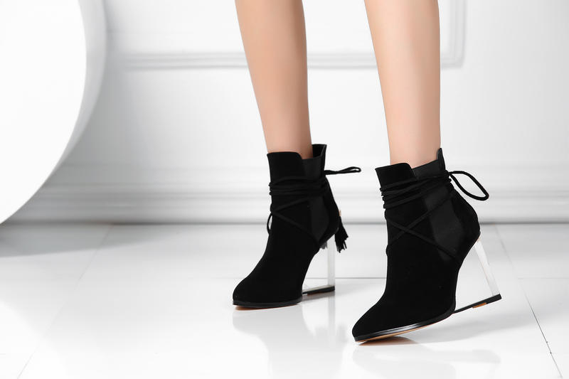 2016欧美新款短靴水晶跟平底及裸靴磨砂皮流苏靴真皮坡跟女靴