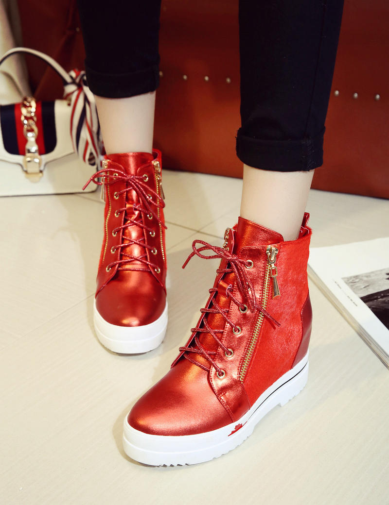 真皮女靴韩版时尚休闲罗马靴厚底内增高坡跟短靴网红同款
