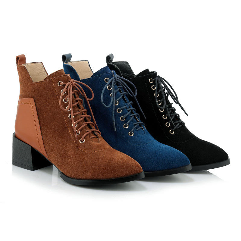 韩版秋季新款切尔西靴系带尖头平底短筒磨砂真皮粗跟女靴子马丁靴