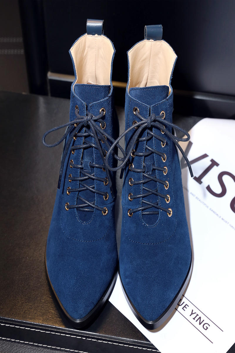 韩版秋季新款切尔西靴系带尖头平底短筒磨砂真皮粗跟女靴子马丁靴