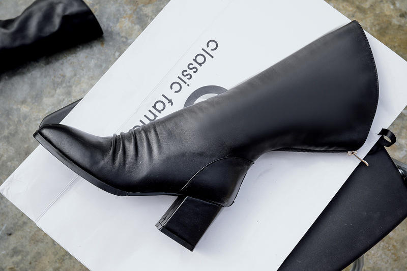2016流行新款倒到意大利进口羊皮女靴子方头拼色粗跟中筒靴时装靴