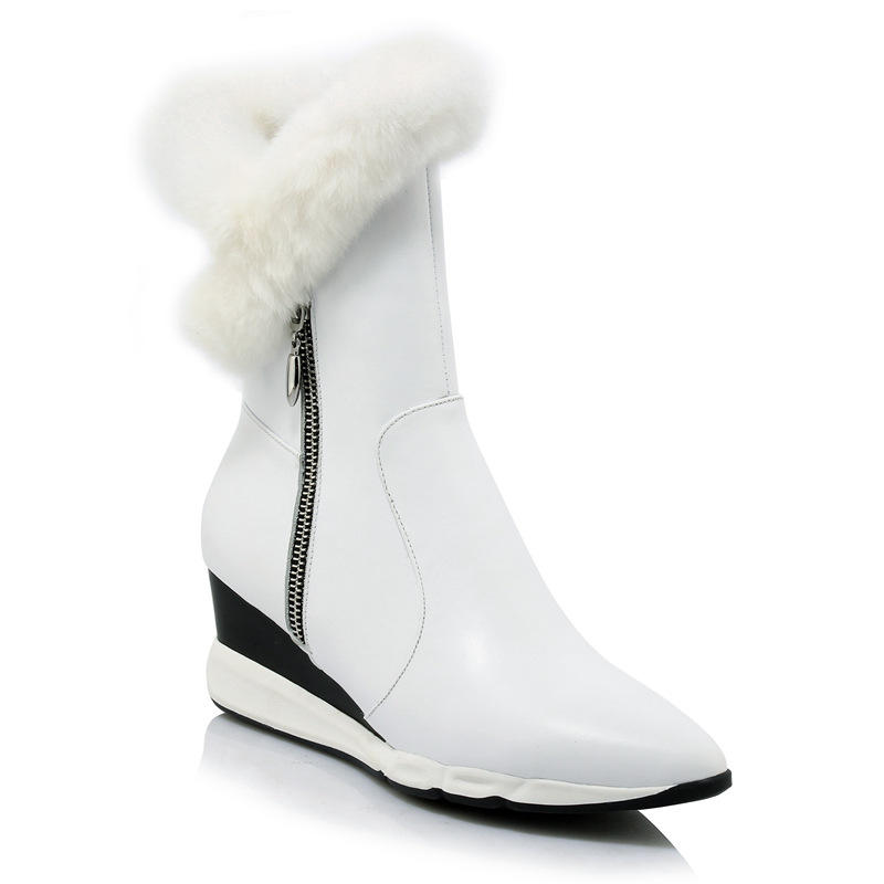 16年冬季新款兔毛中筒靴坡跟尖头牛皮短靴防水台尖头女靴子骑士靴