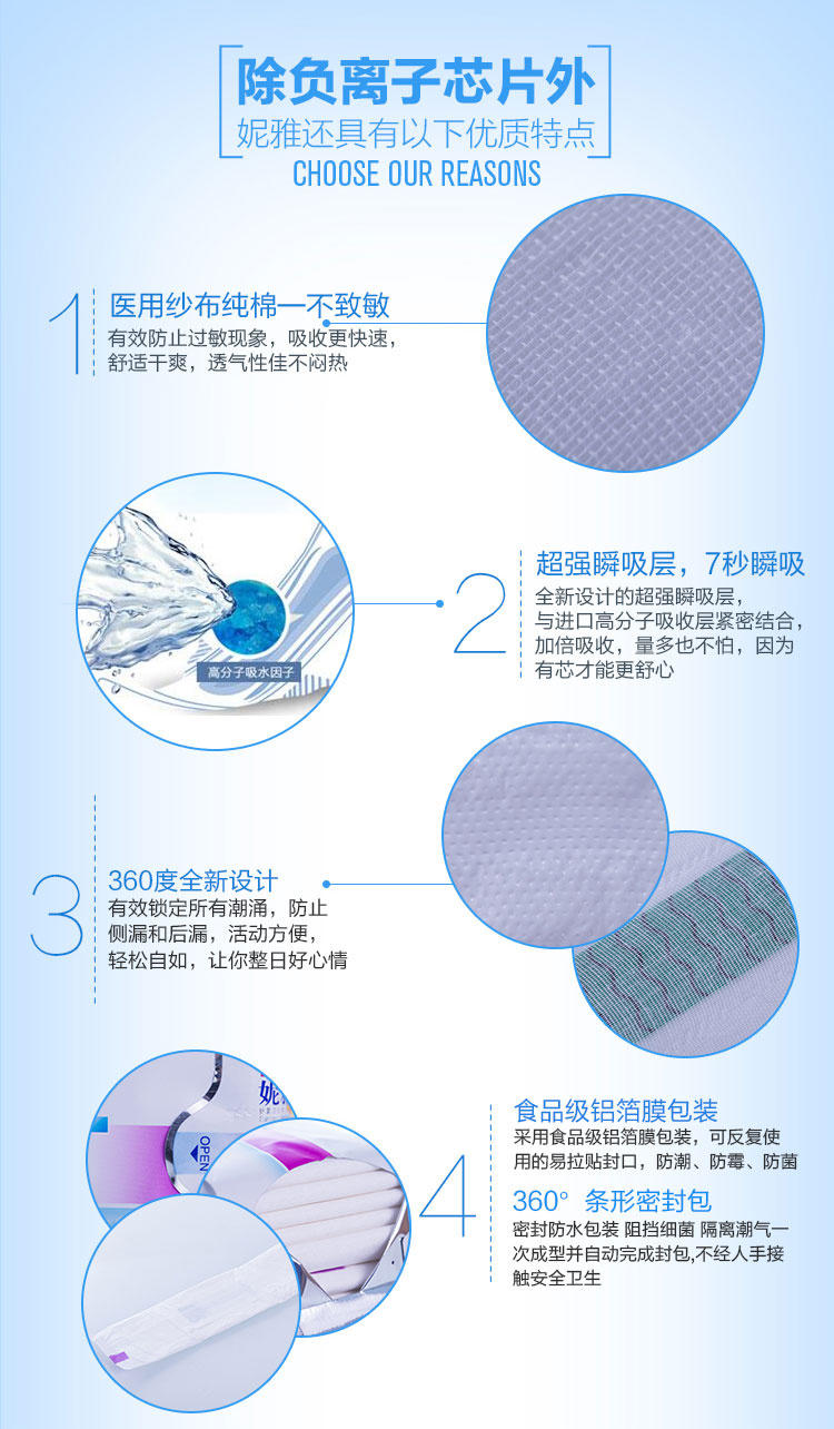 【上党馆】妮雅负离子纱布纯棉卫生巾日用超薄透气无香贴身防漏防过敏姨妈巾260mm*10片