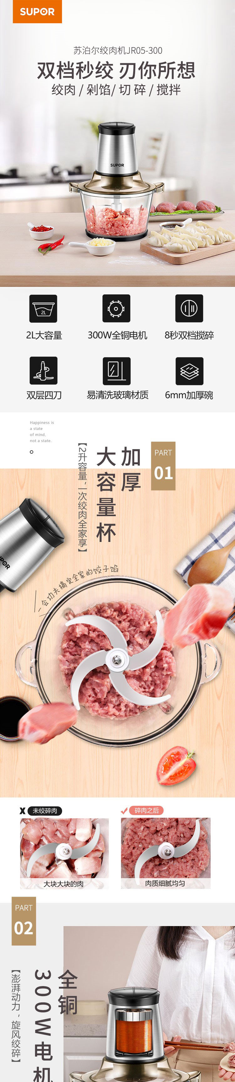 苏泊尔/SUPOR 家用电动 绞馅机碎肉打肉机切菜搅拌机(JR05-300升级JR15)