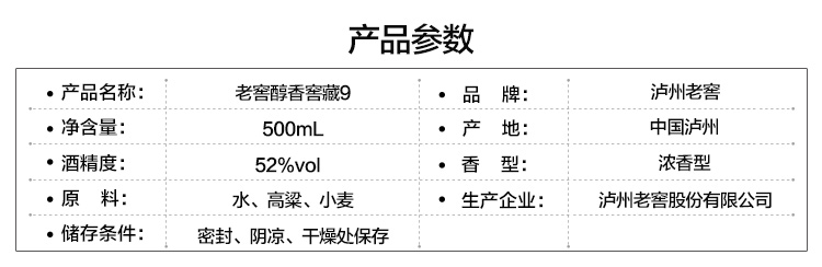 老窖醇香经典窖藏9    52度500ML*6