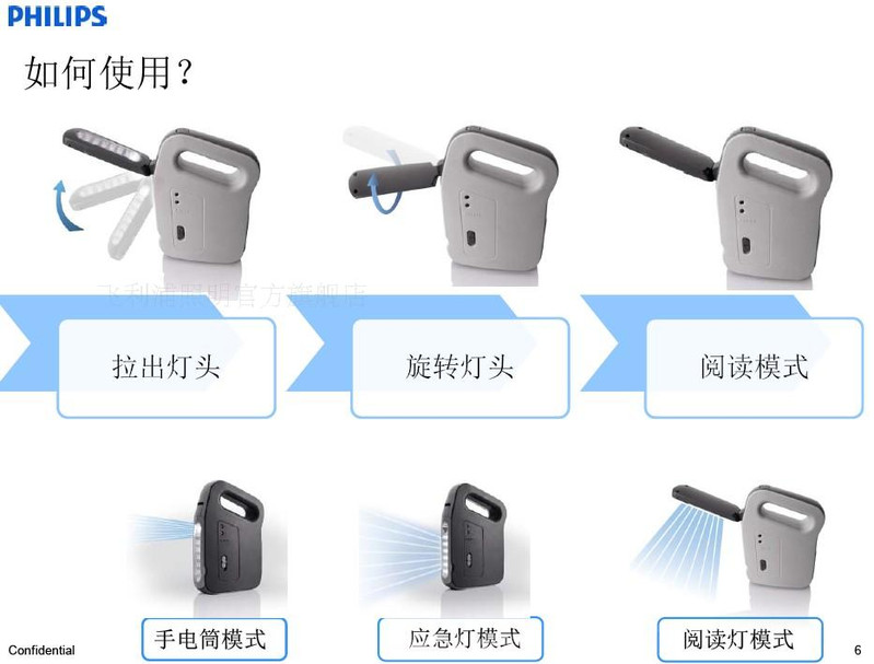 飞利浦 LED应急灯 手提便携式充电台灯 手电 探照灯具 易捷 2瓦