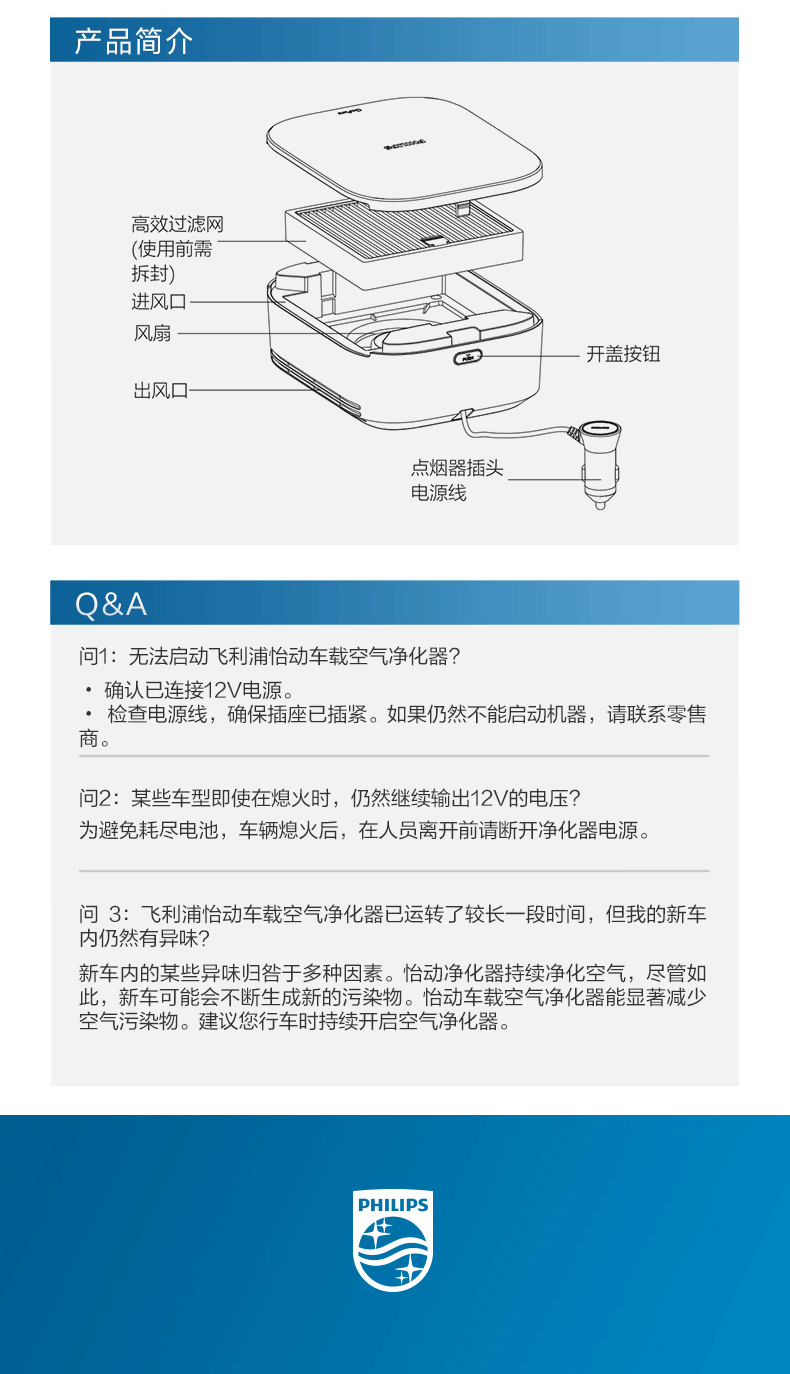 飞利浦车载空气净化器GP3201除雾霾异味甲醛除尘汽车用净化器