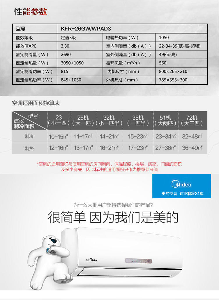 Midea/美的 KFR-35GW/WPAD3 大1.5P匹壁挂式冷暖定速节能家用空调