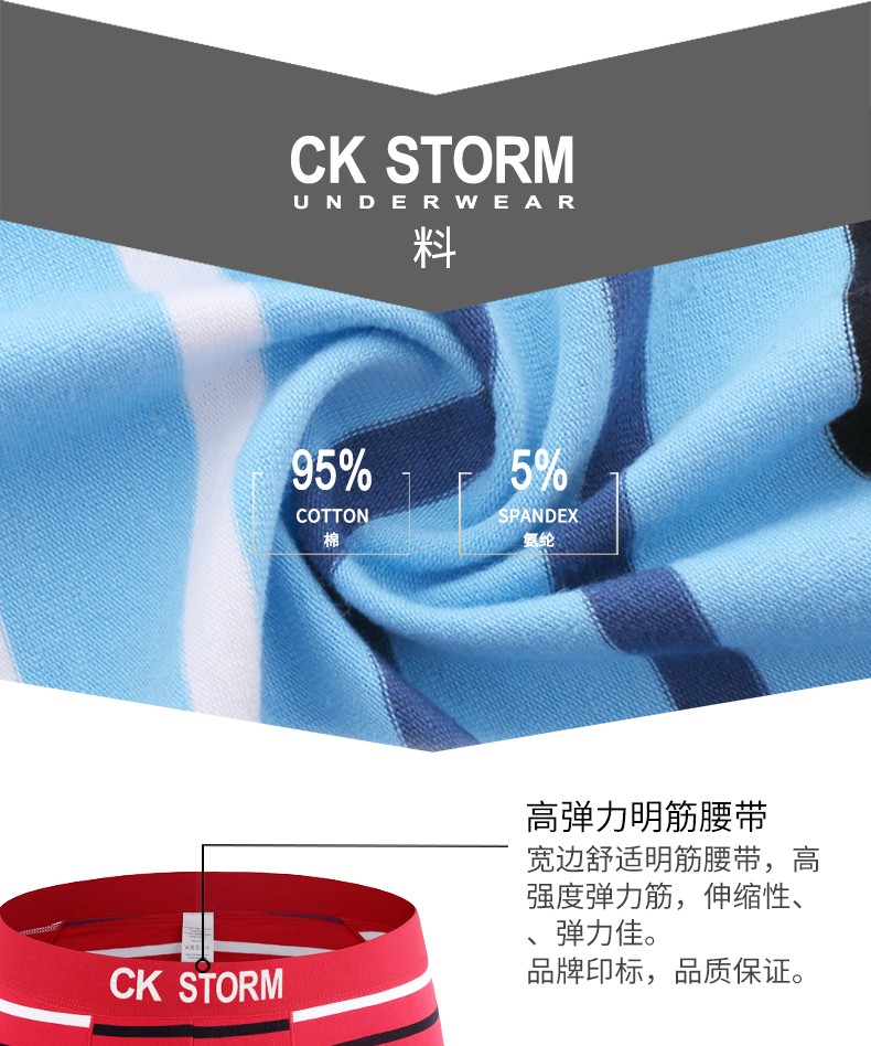 CK STORM 男士内裤 经典款莱卡棉经典系列 海军风U凸大囊袋中腰无痕条纹平角裤