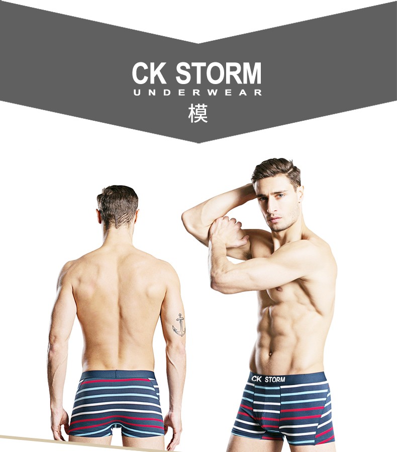 CK STORM 男士内裤 经典款莱卡棉经典系列 海军风U凸大囊袋中腰无痕条纹平角裤