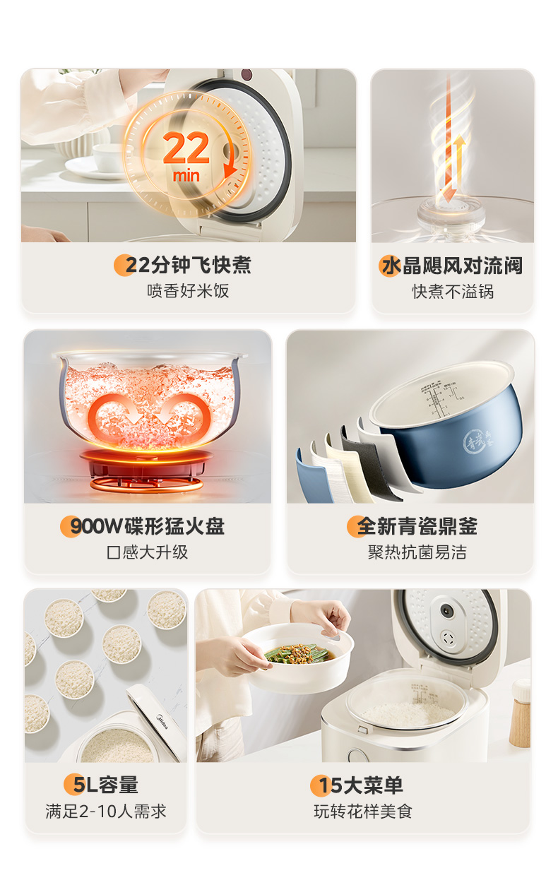 美的/MIDEA 电饭煲家用飞快奶油电饭锅5升大容量不粘4-8人