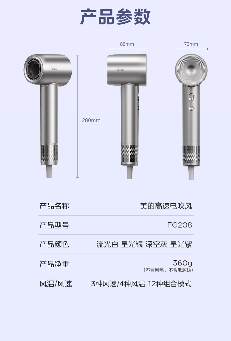 美的/MIDEA 高速吹风机负离子家用大风力速干电吹风护发大功率风筒FG208