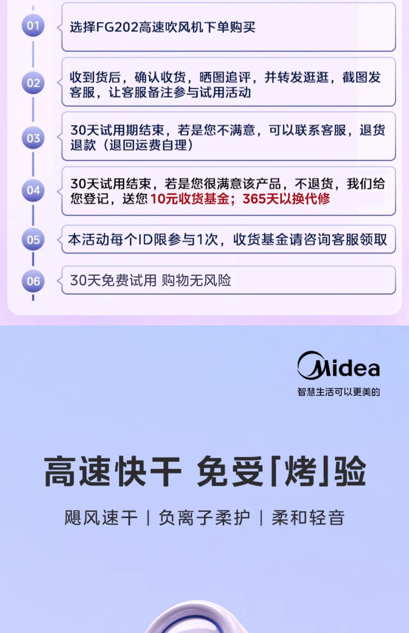 美的/MIDEA 高速吹风机负离子护发家用速干大风力旗舰正品电吹风筒FG202